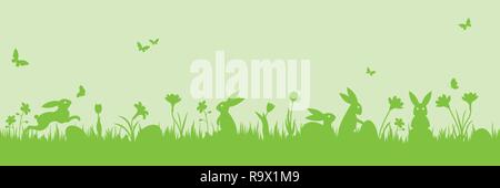 Ostern Banner. Vector Illustration mit Osterhasen, Blumen, Schmetterlinge und Eier auf einer Wiese. Stock Vektor