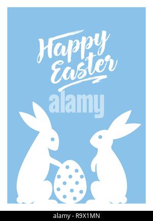 Frohe Ostern Grußkarten mit Osterhasen und Ostereier Vector Illustration. Hellblau hinterlegt. Stock Vektor