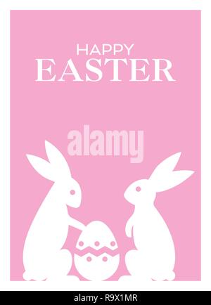 Frohe Ostern Grußkarten mit Osterhasen und Ostereier Vector Illustration. Rosa Hintergrund. Stock Vektor
