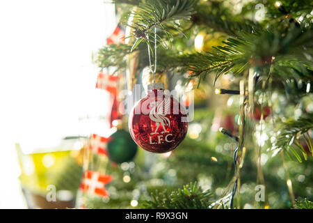 Rote Weihnachtskugel Dekoration mit Liverpool Football Club (LFC) Logo in der Nähe auf einer Tanne Xmas Tree mit Beleuchtung Stockfoto
