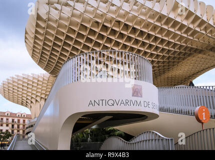 Das Metropol Parasol im alten historischen Viertel von Sevilla, Spanien, ist eine große hölzerne pilzförmige Struktur beliebt bei Touristen in die Stadt. Stockfoto