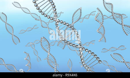 Viele DNA-Ketten im Wasser schweben. Dna aus Glas und blauem Hintergrund. Wissenschaft und Genetik Konzept Stockfoto