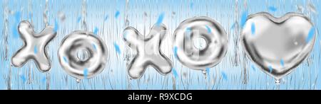 Silber XOXO Schriftzug und Herzform Ballons auf dem metallischen fringe Vorhänge schimmern Vorhang. Design für Valentinstag, Geburtstag, Hochzeit, Party und Chr Stock Vektor