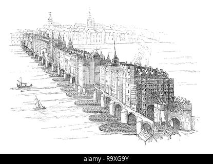 König Heinrich II. beauftragt, die alten steinernen London Bridge mit einer Kapelle im Zentrum widmet sich Becket als Märtyrer, dass die offizielle wurde zu Beginn der Pilgerfahrt an die Becket Canterbury Schrein. Die Brücke wurde etwa 800 - 900 Meter lang, mit einer Zugbrücke für den Durchgang der Großsegler zu erlauben, und defensiven Torhäuser an beiden Enden. Um 1358 hatte es 138 Geschäfte, dass erhöhte die Last auf seinen Bögen, von denen mehrere hatte im Laufe der Jahrhunderte umgebaut zu werden. Diese Sicht von um 1616 gemacht wurde, bevor sich ein Großbrand im Jahre 1633 das nördliche Drittel der Brücke zerstört. Stockfoto