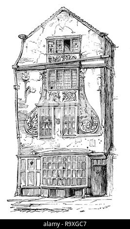 Eine sehr dekorative Haus im frühen 17. Jahrhundert Moorfields, eines der letzten Stücke der offenen Flächen in der City von London, in der Nähe der Moorgate. Nach dem großen Brand von London 1666, Flüchtlinge aus der Brand dort evakuiert und zeitweiligen Lagern dort eingestellt. König Charles II. von England ermutigt die enteigneten und London lassen sich zu bewegen, aber es ist nicht bekannt, wie viele neu Verarmten und Vertriebenen statt in den Moorfields Gegend niedergelassen. Im frühen 18. Jahrhundert, Moorfields wurde die Website von sporadischen Open-air Märkte, Shows und Anbieter/Auktionen. Stockfoto