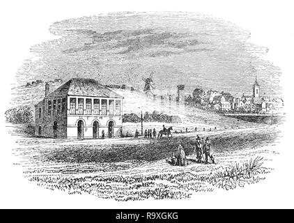 Newmarket Racecourse, ist ein Englischer Vollblüter Pferderennen Veranstaltungsort in der Nähe von Newmarket, Suffolk, England. Racing in Newmarket wurde in der Zeit von James I und Charles II wurde bekannt, Rennen auf Newmarket Heath mit seinem Bruder zu besuchen, die Zukunft James II. Das erste Rennen war ein Gleiches für 100 £ zwischen Pferden, die von Lord Salisbury und Marquis von Buckingham 1622 besessen. Die Rennbahn selbst wurde im Jahre 1636 gegründet. Um 1665, Charles die Newmarket Stadt Platte eröffnet und im Jahre 1671 wurde der erste und einzige regierende Monarch, ein Gewinner zu fahren. Stockfoto