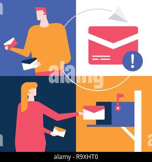 E-Mail Marketing - flaches design Stil bunte Illustration. Hohe Qualität ungewöhnliche Komposition mit einem Mann und einer Frau, die den Versand und Empfang von Briefen, e-mails Stock Vektor