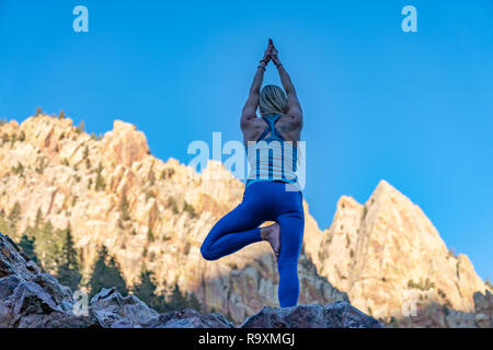 Frau Yoga im Freien die Baumhaltung und Krieger 3. Stockfoto