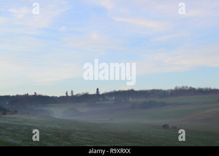 Eine Familie in der Mitte der Entfernung auf einen post Weihnachten Spaziergang an lullingstone Country Park, 27 Dezember, 2018 wie Nebel Formen in das Tal. Kent, England Stockfoto