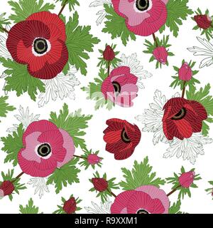 Wiederholen Sie nahtlose Vektor florale Muster mit Rot und Rosa anemone Blumen. Stock Vektor