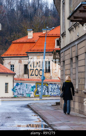 Vilnius, Litauen - 28. April 2013: Frau zu Fuß durch Radvilaites Straße mit klassische europäische Architektur Gebäude, einige mit Graffiti bemalt Stockfoto