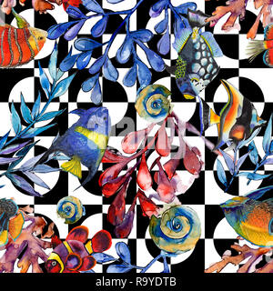 Aquarell aquatische Unterwasser bunten tropischen Fischen Abbildung. Nahtlose Muster. Stockfoto