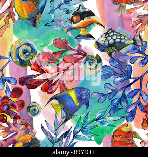 Aquarell aquatische Unterwasser bunten tropischen Fischen Abbildung. Nahtlose Muster. Stockfoto