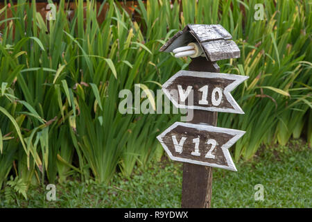 Zimmer anzahl Zeichen im Resort sind aus altem Holz Board auf grünem Hintergrund. Stockfoto