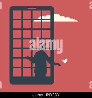 Ein Mann, der hinter dem Gefängnis Bars als der Bildschirm des Smartphones der Vogel gehen können. Smartphone sucht Konzept Abbildung. Stock Vektor