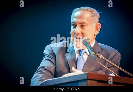 JERUSALEM, Israel. Juni 14, 2016. Israelischer Ministerpräsident Benjamin Netanjahu geben eine Adresse an Menschen der Kanal 9' des Jahres 2016" Preisverleihung. Stockfoto