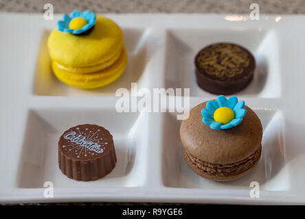 Sortiment von Pralinen und macarons auf einem weißen Teller Stockfoto