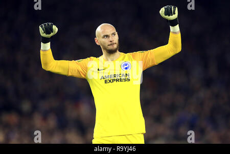 Brighton & Hove Albion Torwart David" feiert, nachdem Jürgen Locadia Kerben erste Ziel seiner Seite des Spiels während der Premier League Match an der AMEX Stadion, Brighton. Stockfoto