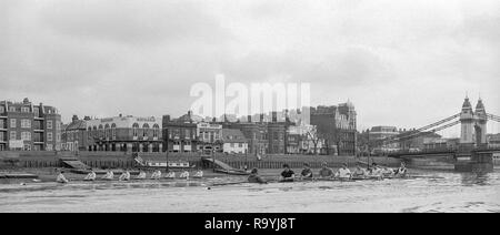 London. Vereinigtes Königreich. 1987 Vor der Befestigung, Varsity Boat Race. Nationalmannschaft vs Cambridge University BC auf dem Championship Course Mortlake Putney. Themse. Samstag 21.03.1987 [Pflichtfeld Credit: Peter SPURRIER/Intersport Bilder] Nationalmannschaft, Bug, Terry Dillon, John MAXY, John Garrett, Martin, Andy Holmes, Steve Redgrave, Adam CLIFT, Richard STANHOPE und Cox, Pat SWEENEY. CUBC. Mannschaft Bogen. Ian Clarke, Richard SPINK, Nicholas GRUNDY, Matt BRITTIN, Stephen PEEL [Präsident] Jim PEW, Jim GARMAN, Paddy BROUGHTON und Cox. Julian WOLFSON Stockfoto