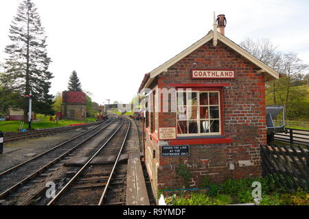 Das Stellwerk in Goathland Station auf der North Yorkshire Moors Railway. Stockfoto