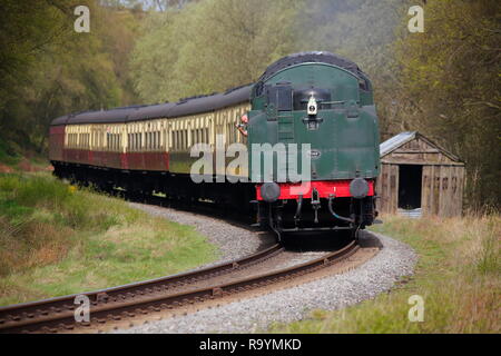 Eine Dampflok mit Tender zieht eine Reihe von Vintage Wagen rückwärts, deren Mangel ist der Wendepunkte auf der North Yorkshire Moors Railway. Stockfoto