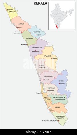 Administrative und politische Karte von indischen Bundesstaat Kerala, Indien Stock Vektor