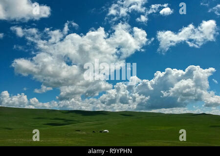 Lonely mongolische Jurte in weiten Steppen Landschaft unter herrlichen blauen Himmel, Bulgan, Mongolei Stockfoto