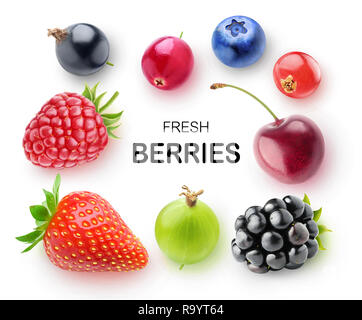 Isolierte frischen Beeren. Erdbeere, Himbeere, Brombeere, Heidelbeere, Cranberry, Kirsche, Stachelbeeren und Johannisbeeren auf weißem Hintergrund mit CLI-isoliert Stockfoto