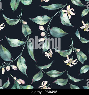 Aquarell Nahtlose exotischen Hintergrund mit grünen Blättern und kleinen, weißen Blumen, botanischen Abbildung Stockfoto