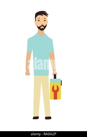 Handwerker mit einer Toolbox. Mitarbeiter Customer Service Stock Vektor