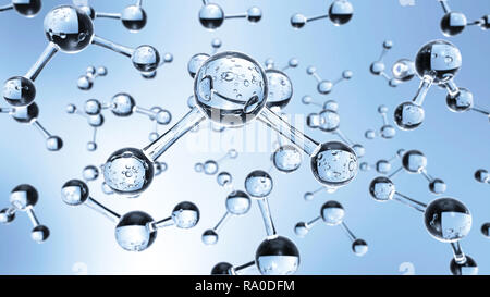 Transparentes Wasser H2O-Moleküle schwimmend im Wasser. Abstrakte Wissenschaft und Chemie Konzept Abbildung. Ein Molekül im Fokus ist und andere sind nicht Stockfoto