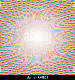 Rainbow farbige Kugeln bilden eine Spirale auf rosa Hintergrund mit hellen weißen Mitte. Twisted kreisförmigen Hintergrund Illustration, hypnotisch und psychedelischen Stockfoto