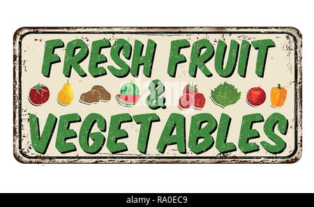 Frisches Obst und Gemüse Oldtimer rostiges Metall Zeichen auf weißem Hintergrund, Vector Illustration Stock Vektor