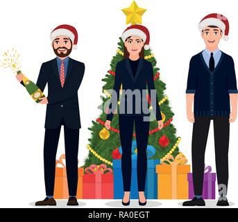 Feier des neuen Jahres, drei glückliche Menschen in der Nähe der Weihnachtsbaum stehen, Zeichen, die im Business Anzüge und Weihnachten Hüte, Abbildung in Stock Vektor