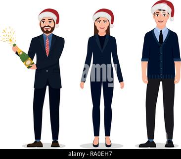 Feier des neuen Jahres, drei glückliche Menschen, Zeichen, die im Business Anzüge und Weihnachten Hüte, Illustration in flachen Styles Stock Vektor