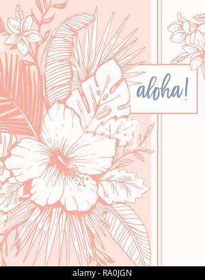Retro Vintage Coral tropische Blumen exotische Laub und Hibiscus Aloha Grußkarte. Tinte Zeichnung Hintergrund. Üppigen Tropischen Palmen Blätter und Blüten Stock Vektor