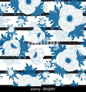 Wiederholen Sie nahtlose Vektor florale Muster mit blauen Linie anemone Blumen auf schwarz-weißem Streifen Hintergrund. Stock Vektor