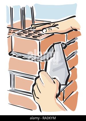 Abbildung: ein Bauarbeiter beim Bau einer Mauer eines Hauses Stock Vektor
