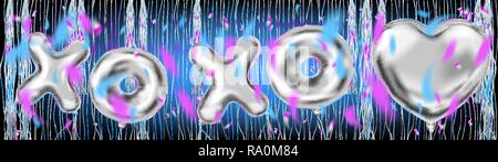 Silber XOXO Schriftzug und Herzform Ballons auf dem metallischen fringe Vorhänge schimmern Vorhang. Design für Valentinstag, Geburtstag, Hochzeit, Party und Chr Stock Vektor