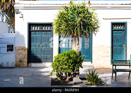 Schönen typischen weißen Haus in Haria mit Drachenbaum, Lanzarote, Kanarische Inseln, Spanien. Stockfoto