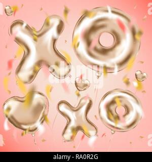 XOXO Schriftzug und Herzform rosa gold Ballons auf die süße Sahne Hintergrund mit Folie Konfetti. Design für Valentinstag, Geburtstag, Hochzeit, Party und Stock Vektor