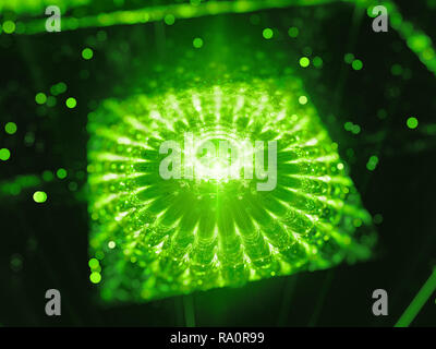 Grün leuchtende quantum Prozessor im Raum, Computer-generierte Zusammenfassung Hintergrund, 3D-Rendering Stockfoto