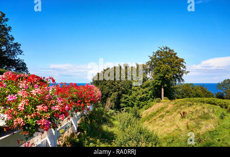 Garten mit pelargonium und Blick auf die Ostsee. In Lohme auf der Insel Rügen. Stockfoto