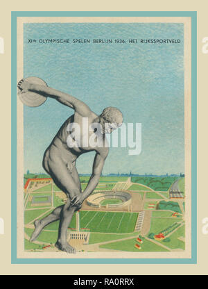 Jahrgang 1936 olympischen Postkarte aus dem nationalsozialistischen Deutschland Berlin Olympische Spiele die Olympischen Spiele 1936 in Berlin Komplex mit traditionellen Diskuswerfer im Vordergrund. Stockfoto