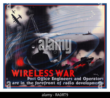 Vintage British WW2 Propagandaplakat 1940 "Wireless Krieg: Post Ingenieure und Operatoren stehen an der Spitze der radio Entwicklung" Britische Überwachung zuhören Kommunikation Poster von 1943 Weltkrieg II. Stockfoto