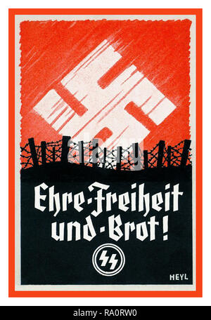Vintage Nazi Deutschland SS Armee Propaganda Rekrutierungs-Poster für die Waffen SS 'Ehre Freiheit und Brot' EHRE, FREIHEIT, und, BROT ! In einer Schlachtfeld-Situation mit Nazi-Swastika als emblematischer Sonnenaufgang Stockfoto