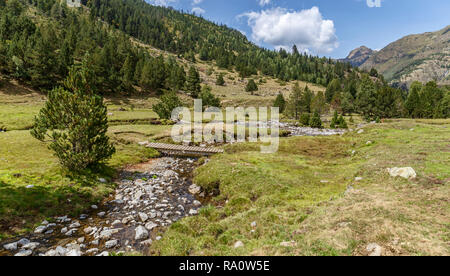 Fluss über grüne Tal in den Pyrenäen Stockfoto