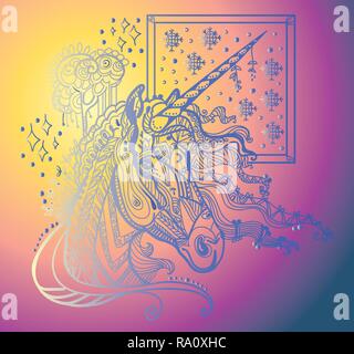 Vektor hand Zeichnung Abbildung zentangle Magic Horse in verschiedenen Farben auf Farbübergang Hintergrund isoliert. Bunte doodle Einhorn Abbildung mit Stock Vektor