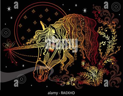 Vektor hand Zeichnung Abbildung zentangle Magic Horse in verschiedenen Farben auf schwarzem Hintergrund isoliert. Bunte doodle Einhorn Abbildung mit Pla Stock Vektor