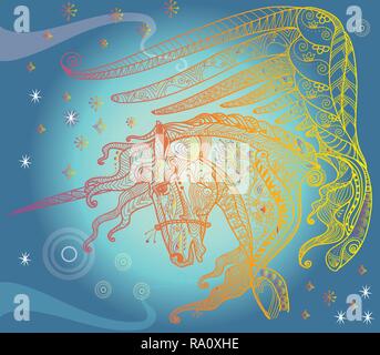 Vektor hand Zeichnung Abbildung zentangle magic Pferd mit Flügeln in verschiedenen Farben auf Farbübergang Hintergrund isoliert. Bunte doodle Einhorn illustr Stock Vektor